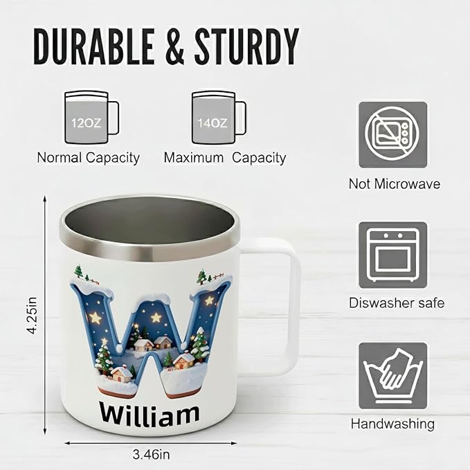 Personalized Christmas Mug with Name, 12oz Insulated Coffee Tumbler with Handle, Custom Magical Winter Village Scene Initial Cup, Holiday Xmas Gift for Women, Her (B09) - Bloomnest