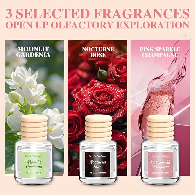6 Pack Car Air Freshener, Long Lasting Natural Essential Oil Fragrance Diffuser - Pink Sparkle Champagne, Moonlit Gardenia & Nocturne Rose, Hanging Female Perfume Car Accessories Decor Gift - Bloomnest