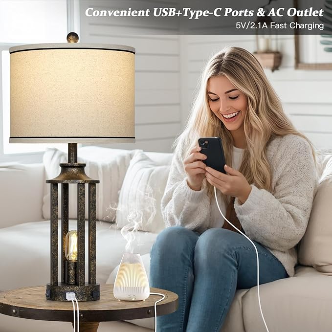 27.5" Bronze Farmhouse Table Lamps for Living Room, Tall Vintage Lamps Set of 2 with USB A+C Charging Port & AC Outlet, Rustic Bedside Lamp with Night Light, Bedroom Lamp for Nightstand Side End Table - Bloomnest