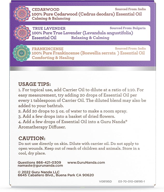 GuruNanda Sleep Essential Oil Set (Pack of 3 x 0.34 Fl Oz) - 100% Pure, Natural & Undiluted Cedarwood, Frankincense & Lavender Aromatherapy Oils for Diffuser - Perfect for Massages & DIY Recipes - Bloomnest