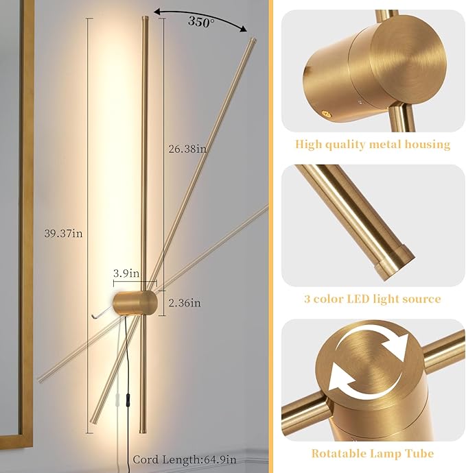 Dimmable Plug in Wall Sconce Set of 2, Gold 39.37" LED Wall Light with Remote, Adjustable Color Temperature Brightness Wall lamp with Timer for Living Room,Bedroom and Accent Lighting - Bloomnest