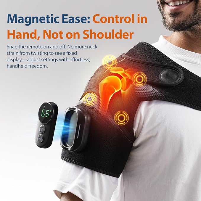 Cordless Shoulder Heating Pad with Magnetic Detachable Remote Control - Heated Massager Shoulder Brace for Pain Relief with 5 Vibration Modes & 5 Heating Levels, Gift for Men Women, Black - Bloomnest
