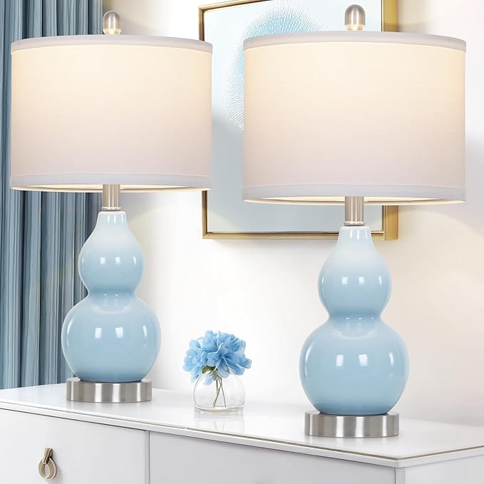 22" Double Gourd Ceramic Table Lamps Set of 2, Blue Modern Bedside Lamps for Living Room, Contemporary Nightstand Desk Lamps for Bedroom End Table Home Office Study Room Decor(2 LED Bulbs Included) - Bloomnest