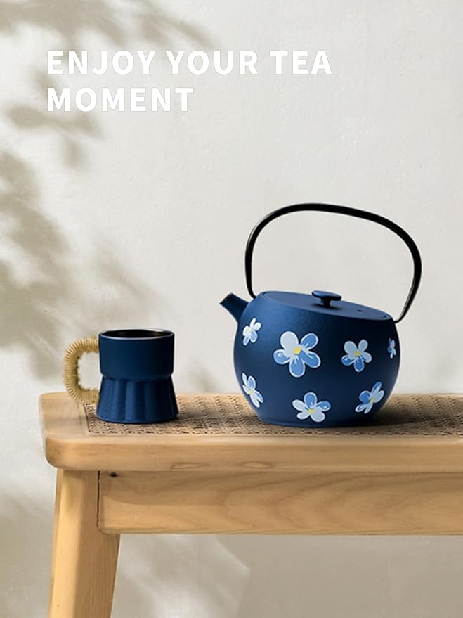 Toptier Teapot with Removable Infuser, Cast Iron Tea Kettle Stovetop Safe, Solid Geometry Ball Design Tea Pot Coated with Enameled Interior for 32 Ounce (950 ml), Navy Flower - Bloomnest