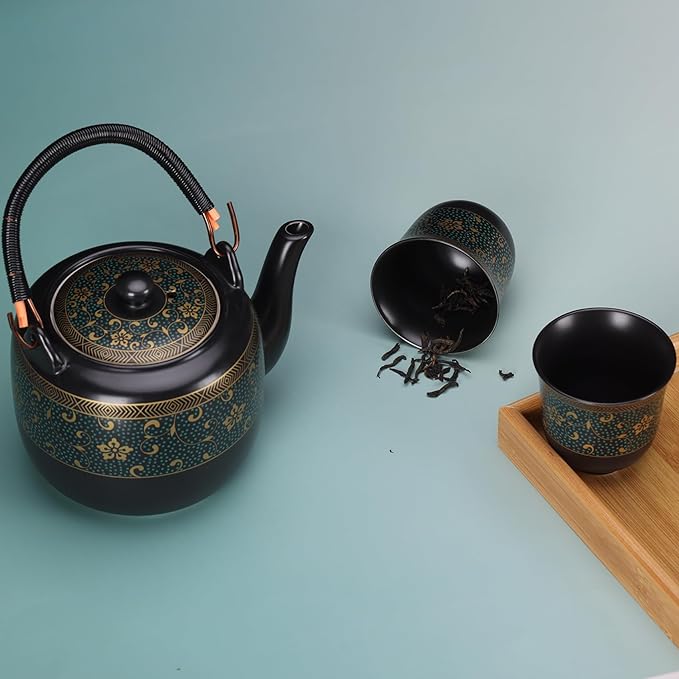 Handmade Japanese Ceramic Tea Set-Traditional Asian Design with Modern Convenience,Includes 1 Teapot,6 Cups,Tea Tray and Stainless Infuser, Perfect for Tea Enthusiasts and Collectors (Design2) - Bloomnest