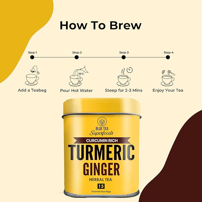 BLUE TEA - Turmeric Ginger Tea - 15 Count - Pyramid Plant Based Tea Bag | CURCUMIN RICH - HERBAL BLEND | Herbal Tea - Caffeine Free - Non-GMO - Vegan - Earthy Flavor - Healthy | Reusable Tin Pack - Bloomnest
