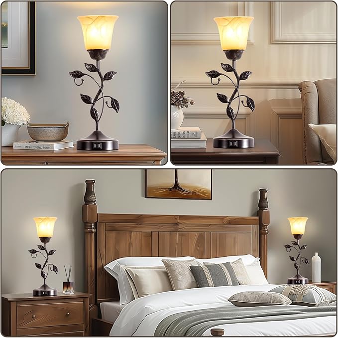 RORIANO Set of 2 Touch Vintage Table Lamps with 2 USB Ports, 3-Way Dimmable Nightstand Flower Lamps, Amber Glass Shade Rustic Leaf Lamp for Living Room Bedroom, LED Bulb Included (Bronze) - Bloomnest