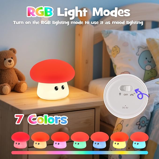 Squishy Big Eyes Mushroom Night Light with RGB Mode 3 Brightness Adjustable Nursery Breastfeeding Nightlight Cute LED Red Mushroom Lamp Rechargeable Silicone Touch Bedside Lamp for Bedroom Dorm Decor - Bloomnest