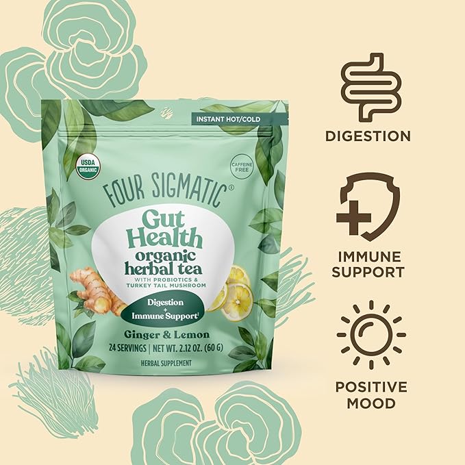 Four Sigmatic Gut Health Organic Herbal Tea | Organic Lemon Ginger Tea with Probiotics & Turkey Tail Mushroom | Instant Digestive Tea | Vegan, Gluten-Free | Lemon Ginger, 24 Servings - Bloomnest