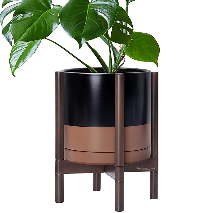D'vine Dev Ceramic Planter with Walnut Color Stand - 12 Inch Modern Round Flower Pot with Wood Planter Holder, Black/Speckled Tan, 55-B-W-7 - Bloomnest
