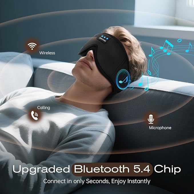 3D Sleep Mask with Bluetooth Headphones, Sleeping Headphones for Side Sleepers, Wireless Music Eye Mask with Ultra-Thin Stereo Speakers for Men, Women, Tech Gifts, Black - Bloomnest