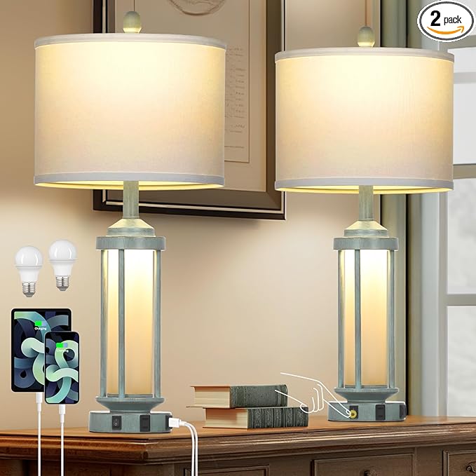 Farmhouse Table Lamps for Living Room, 27" Vintage Rustic Beside Lamp Set of 2 with USB A+C Charging Ports & AC Outlet, Retro Nightstand Lamp with Fabric Shade for Bedroom Entryway(4 Bulbs Included) - Bloomnest