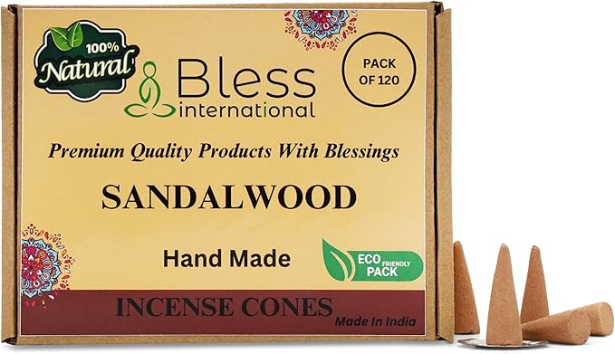 Bless International Sandalwood 100%-Natural-Incense-Cones Handmade-Hand-Dipped Organic-Chemicals-Free for-Purification-Relaxation-Positivity-Yoga-Meditation The-Best-scents 120 Count BlessInternational