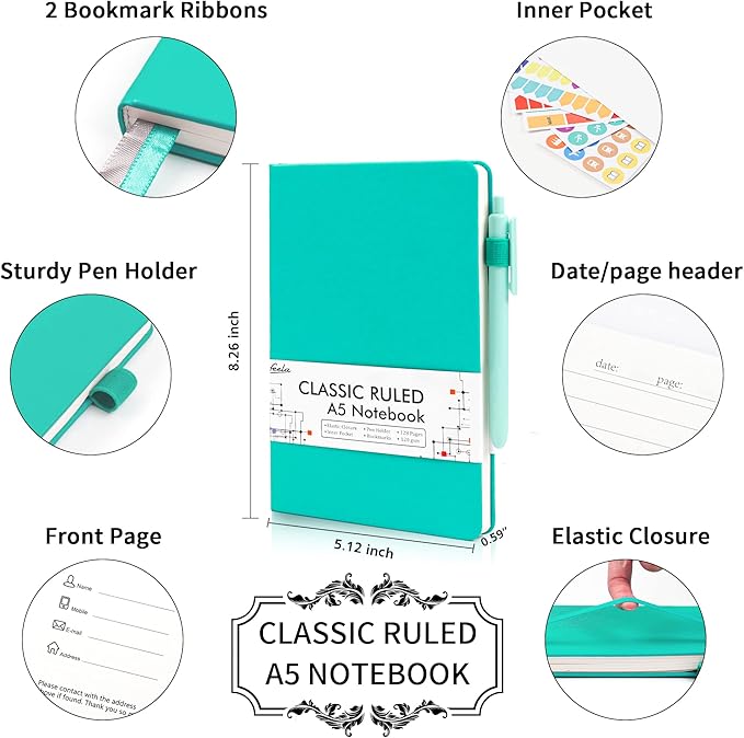 feela 24 Pack Journal Notebook Bulk for Work, Business Notebook Hardcover Lined Writing Journal with Pen Holder for Men Women Note Taking, with 24 Black Pens, 120 GSM, 5.1”x8.3”, A5, Aqua - Bloomnest