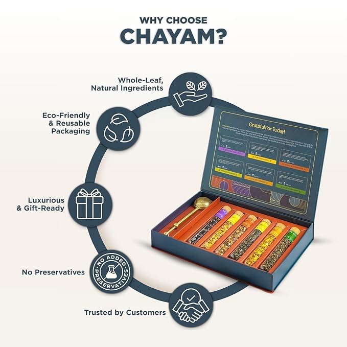 CHAYAM 6 Tube Tea Gift Set | Herbal & Green Loose Leaf Teas in Glass Tubes & a Lead-Free Brass Infuser | Chamomile, Mint, Cinnamon, Turmeric, Lavender & Himalayan Green - Bloomnest