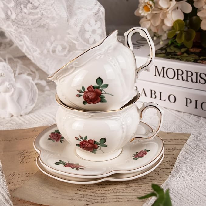 KAMMAK Tea Cups and Saucers Set of 2, Porcelain Coffee Cups, 6.8-Ounce Stackable Espresso Mugs, Ceramic Demitasse for Coffee, Latte, Americano, Tea, Baroque Rose - Bloomnest