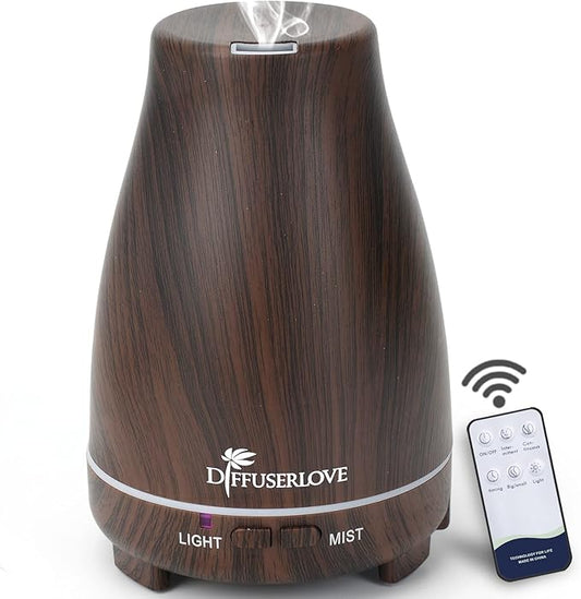 Diffuserlove Essential Oil Diffusers 200ML, Remote Control Aromatherapy Diffuser with 7 Color Lights, Auto Shut-Off for Bedroom Office Kitchen (Black Wood Grain) Diffuserlove