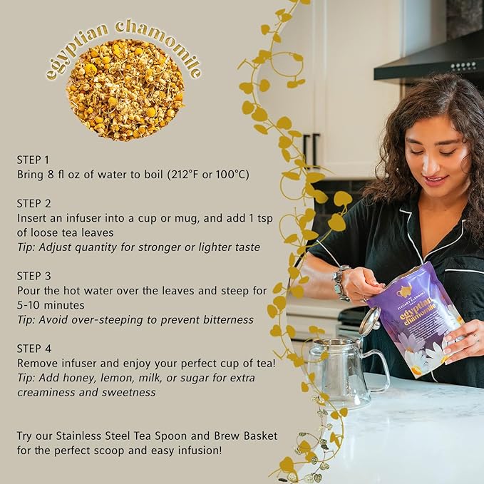 Egyptian Chamomile Tea, Organic Loose Leaf Herbal Tea – Cozy, Calming – Supports Stress Relief, Relaxation & Sleep – 4 oz Resealable Bag (Makes 50 Cups) – The Elegant Elephant - Bloomnest
