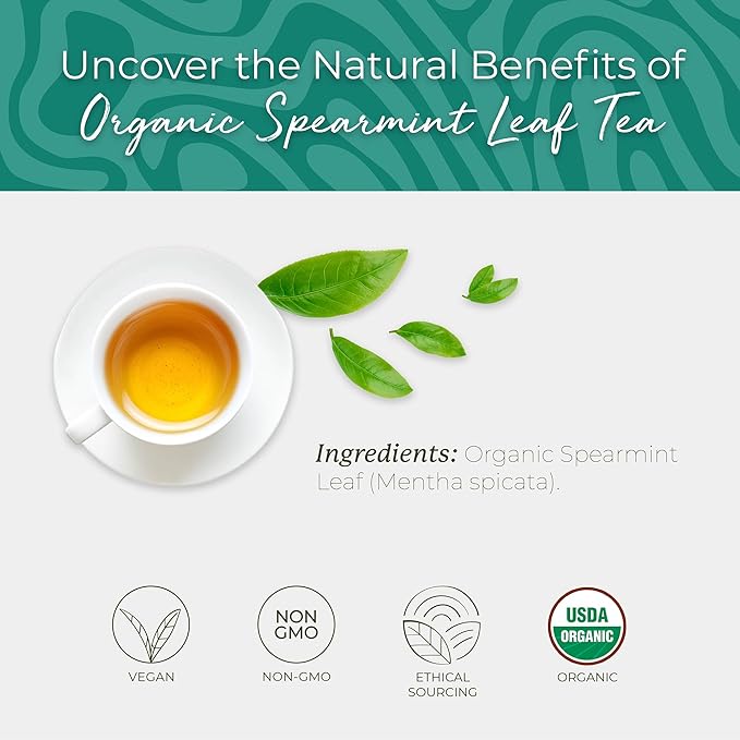 Starwest Botanicals Organic Spearmint Leaf Tea - Caffeine Free Herbal Tea, Promotes Calm, USDA Organic Spearmint Leaf, String Free Sachets, Non GMO - 20 Tea Bags - Bloomnest