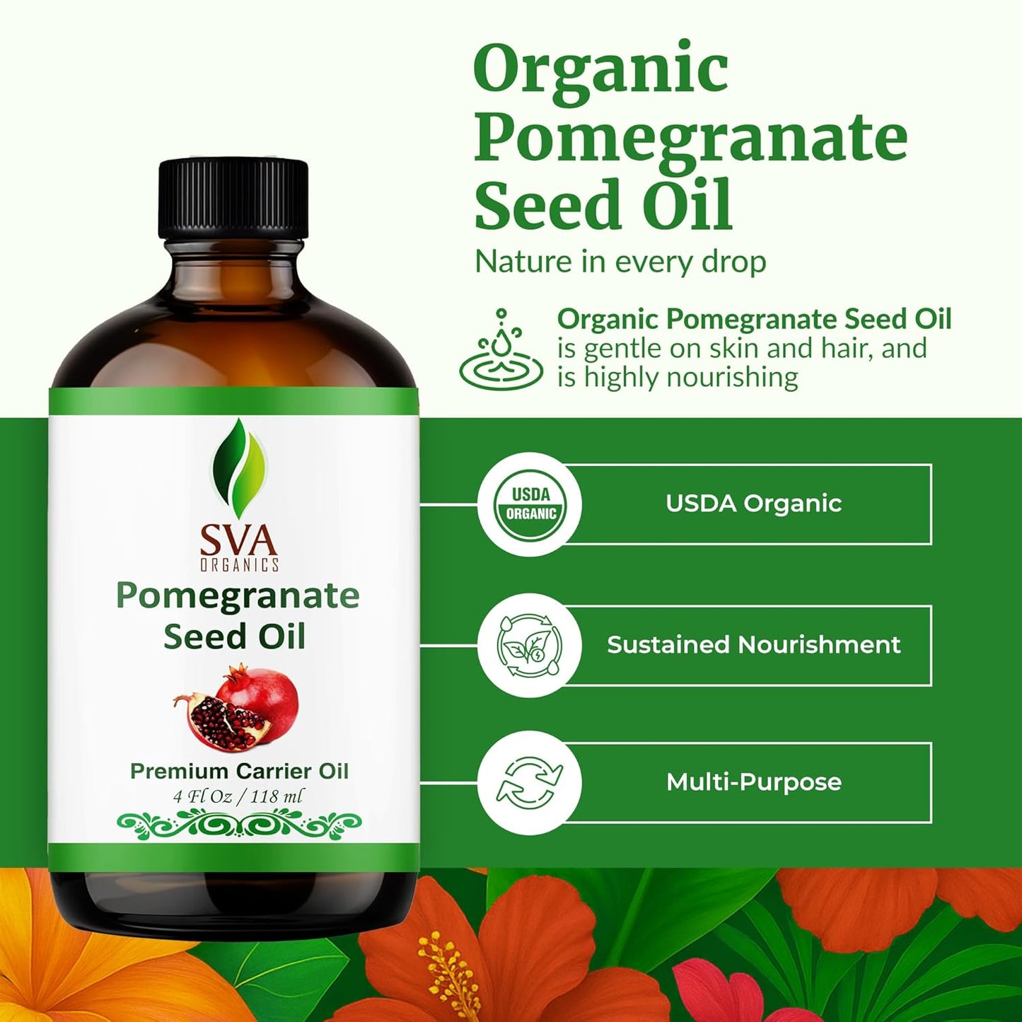 SVA Pomegranate Seed Organic - 4 Fl Oz – 100% Natural Cold Pressed Organic Pomegranate Oil - for Face, Skin Care, Hair Care, Scalp Massage & Body Massage – Carrier Oil with Dropper
