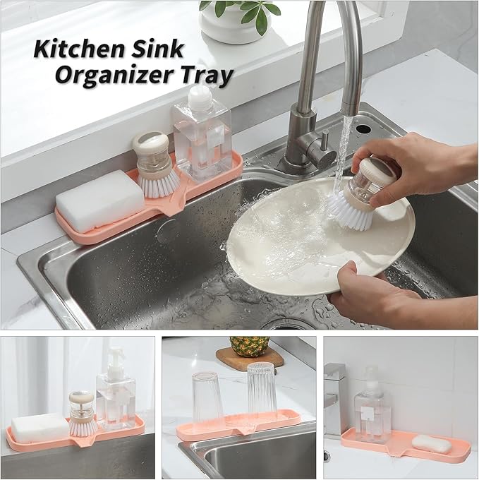 Silicone Bathroom Soap Dishes with Drain Spout-Bathroom and Kitchen Sink Organizer,Sponge Holder,Dish Soap Tray,Perfect for Dispenser,Scrubber,Bottle,Cup on Sink or Counter-Pink 12"×4" - Bloomnest