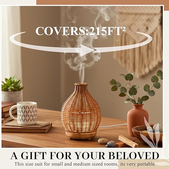 Copkim Essential Oil Diffuser Rattan Woven Boho Aroma Humidifier 80ml Ultrasonic Aromatherapy Diffuser with Timer and Waterless Auto-Off 2 Mist Modes Noiseless Warm Light for Home Office Bedroom Copkim