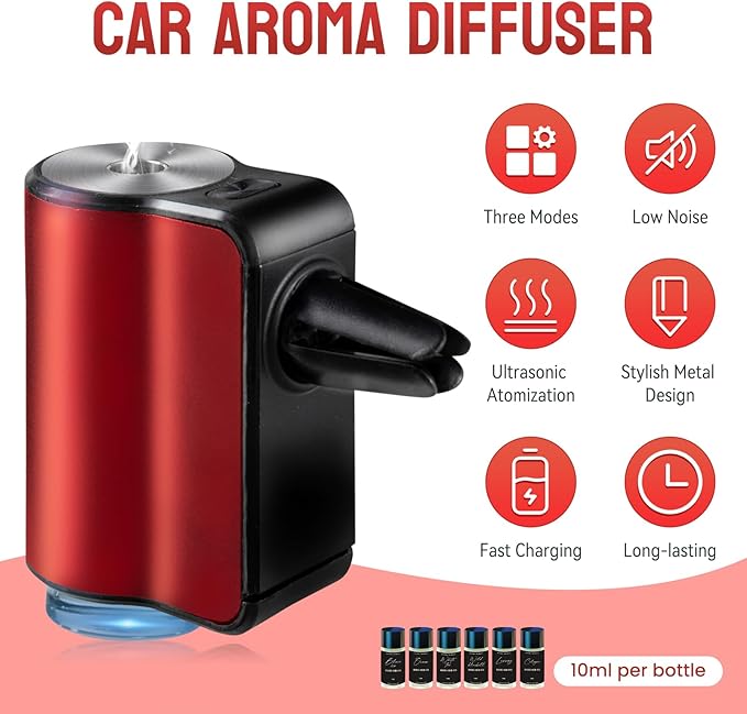 Featwell Car Air Freshener, Three Adjustable Modes Intelligent Aroma Diffuser, Rechargeable Car Diffuser Air Freshener, Red - Bloomnest