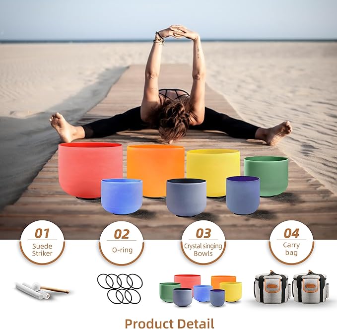 RYAN DVAN 432 hz 7-12 Inch Set of 7 Colored Frosted Quartz Crystal Singing Bowl with Free 2 pcs Carrying Cases - Bloomnest