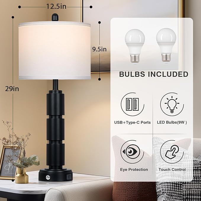 Set of 2 Modern Table Lamps for Living Room Bedroom,29" Tall Bedside Lamp with 2 USB Port,Black Metal Touch Nightstand Lamp for Desk End Side Table Entryway,Black - Bloomnest