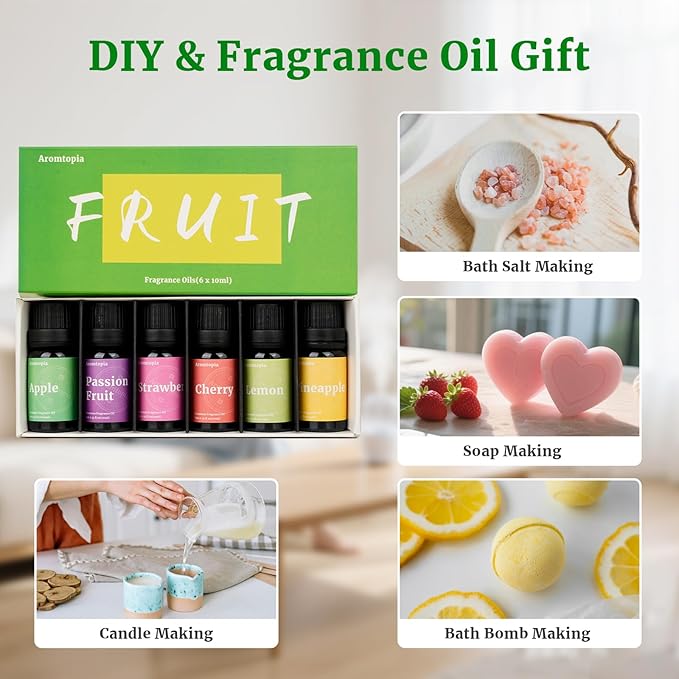 Fruit Fragrance Oils, Aromtopia 6x10ml Fruity Essential Oils for Diffusers for Home, Soap Candle Making Scents, Strawberry, Pineapple, Lemon, Cherry, Passion Fruit, Apple, Fragrance Oil Gift Set - Bloomnest