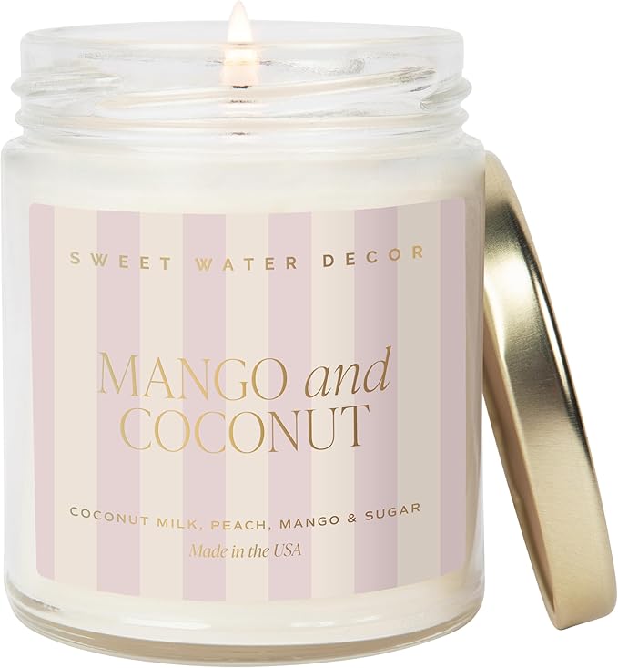 Sweet Water Decor Mango and Coconut Patterned Candle – Soy Candles with Pineapple, Mango, Orange, Peach – 40 Hour Burn – 9oz Clear Glass Jar – Ideal for Valentines Presents or Any Special Occasion - Bloomnest