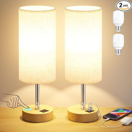 Touch Bedside Lamps Set of 2 - 3 Way Dimmable Table Lamps for Bedroom, Nightstand Lamp with Wooden Charging Station for Kids Room Dorm, Small Desk Lamp for Living Room, Office, Kids Room, Nursery - Bloomnest