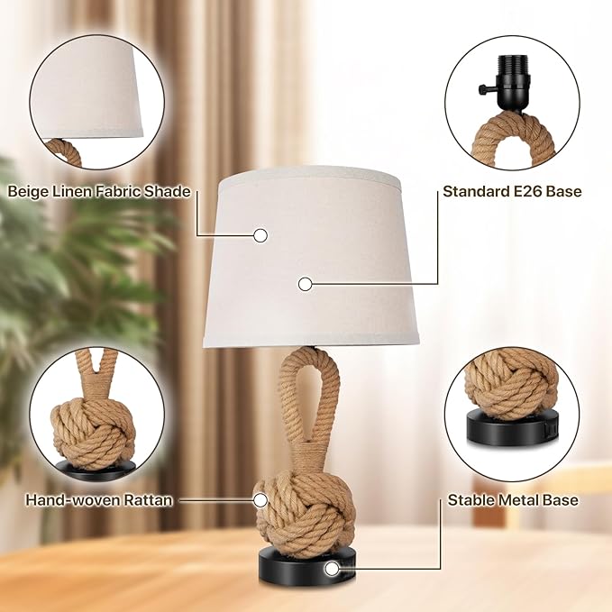 22" Rope Lamps for Night Stands, Bedside Lamps Set of 2, Boho Table Lamps for Living Room End Tables, 3-Color Temperatures Boho Lamp with Rotary Switch, Rattan Lamp with USB Ports, Bulbs Included - Bloomnest