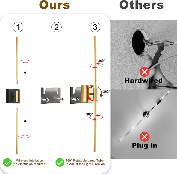 31.5 Inch Battery Operated Wall Sconce Set of Two, 8000mAh USB Rechargeable Wall Sconce with Remote Control, 360°Rotate Dimmable 3000K-6000K LED Wall Lights for Living Room, Hallway, Bedroom, Gold - Bloomnest