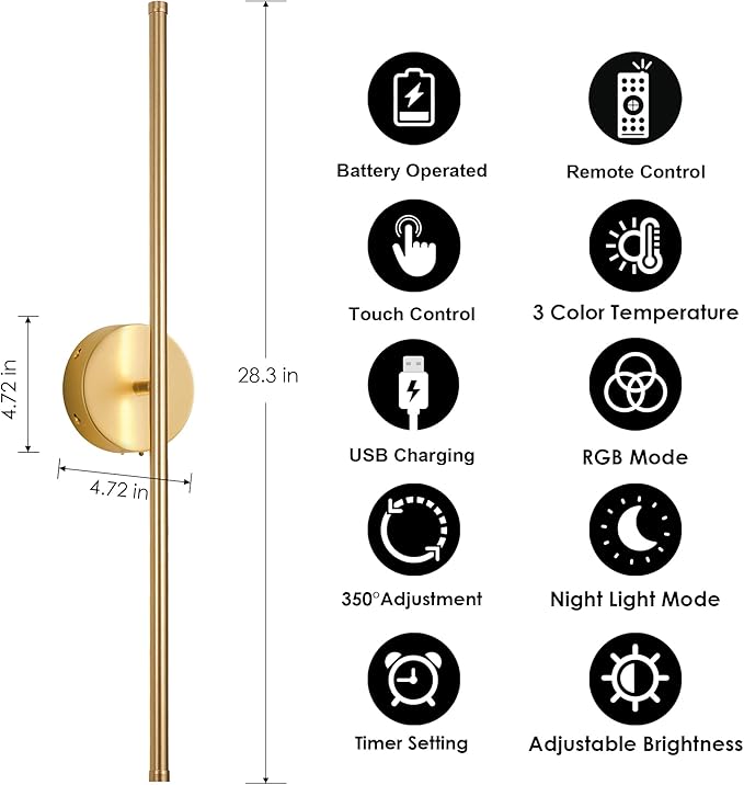 Battery Operated Wall Sconces Set of Two, with Remote Control, Dimmable, Warm White/Natural White/Daylight/RGB, 350°Rotate, LED Gold Wireless Wall Light for Living Room, Bedroom, 28.3 Inch - Bloomnest