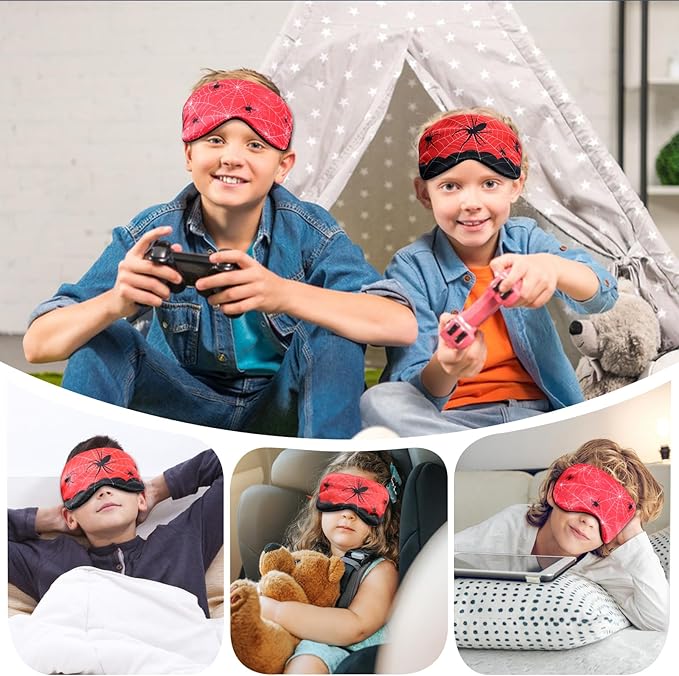 2 Pcs Sleep Mask for Kids Boys, Silk Eye Covers for Sleeping, Adjustable Strap & Light Blocking Design, Adult Children's Bedtime Blindfold for Travel and Home Use (Spider) - Bloomnest