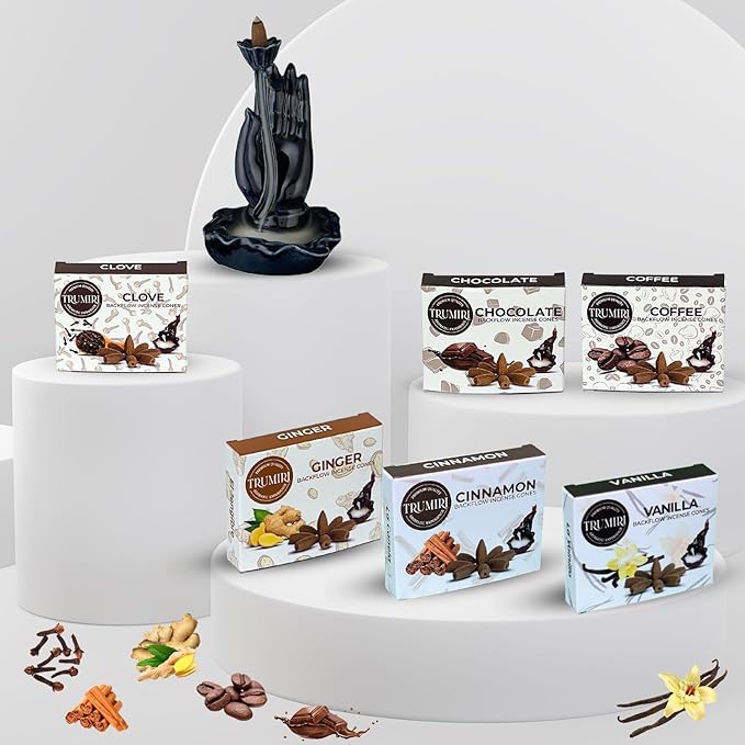 Gourmet - Backflow Incense Cones for Waterfall - Scented Inscents-Cones - Cinnamon, Vanilla, Coffee, Chocolate, Clove, Ginger - Insiensos Aromaticos - 6x10=60 Large Variety Pack TRUMIRI