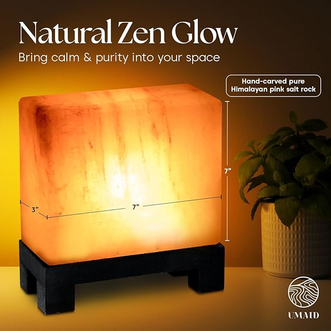 UMAID Himalayan Salt Lamp Rectangle, Natural Pink Rock Lamp on Modern Wood Base with Night Light Bulb and Dimmable Cord, Unique Home Decor, Zen Gifts, Perfect for Spa and Meditation Accessories - Bloomnest