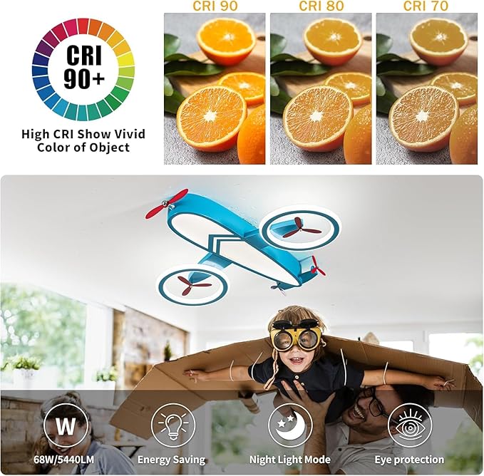 Kids Ceiling Lights for Bedroom Blue Airplane Light Fixture Mount 24.8" Kitchen Ceiling Light Fixtures 3000K-6000K with Remote 68W Flush Mount LED Lamp for Kids Room - Bloomnest
