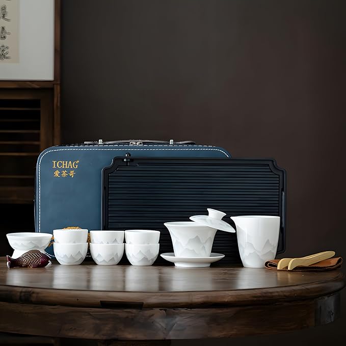 ICHAG Chinese Tea Set, Gongfu Tea Sets for Adults, China Gaiwan Teaset, 14-Piece Yangzhi Jade (茶具) Porcelain Set with Suspended Gaiwan & Tea Pet, Portable Travel Teaset for Home, Outdoor, Office Gifts - Bloomnest