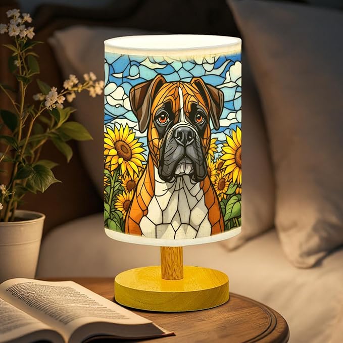 Boxer Table Lamp LED 3-Color Pressed Bedside, Dog Shade Lamp with Wood Base for Bedroom Living Room Desk Office - Bloomnest