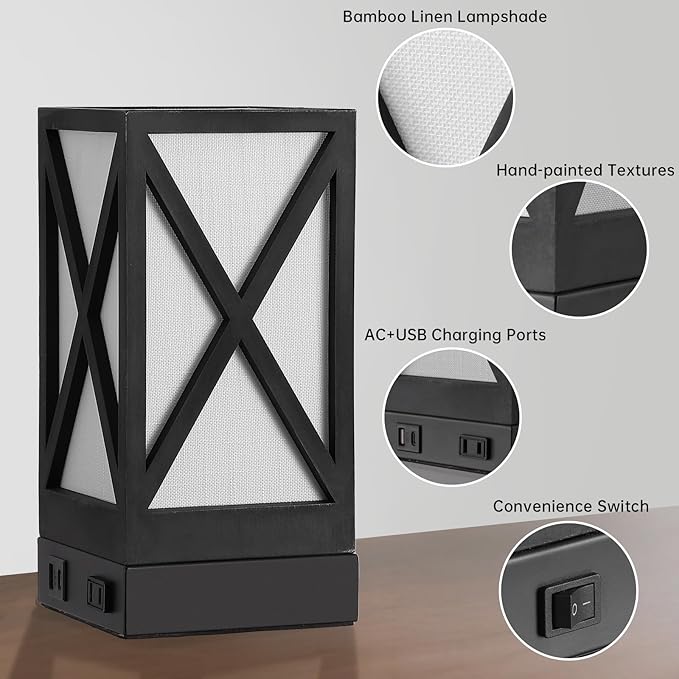 Table Lamp, Set of 2 Rustic Farmhouse Nightstand Lamps, 3 Color Temperatures Desk Lamp with USB Charging Ports AC Outlet Vintage Lamp for Living Room Bed Room, Black - Bloomnest