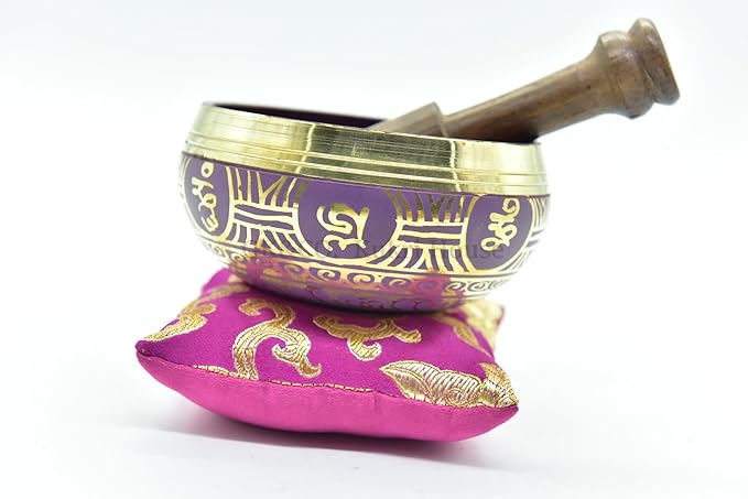 3.75" Tibetan Meditation Yoga Singing Bowl Green Set with free Wooden Mallet and Silk Cushion from Nepal, Singing bowls. (Purple) - Bloomnest