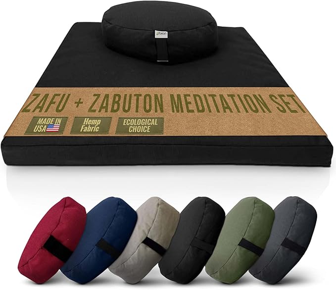 Meditation Cushion Mat Set HEMP - Oval Zafu Floor Pillow Organic Buckwheat Pillow + Cotton Filled HEMP Zabuton Prayer Pad - Meditation Pillow Yoga Knee Pad - Made in USA - 18" Oval, BLACK HEMP Hemp - Bloomnest