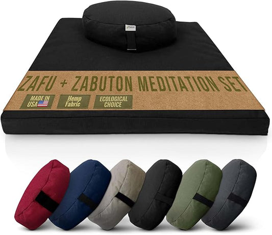 Meditation Cushion Mat Set HEMP - Oval Zafu Floor Pillow Organic Buckwheat Pillow + Cotton Filled HEMP Zabuton Prayer Pad - Meditation Pillow Yoga Knee Pad - Made in USA - 18" Oval, BLACK HEMP Hemp - Bloomnest