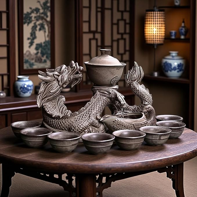 Chinese Gongfu Tea Set - Ceramic Teapot with Infuser, 8 Cups, Semi Automatic Dragon Design for Loose Leaf Tea