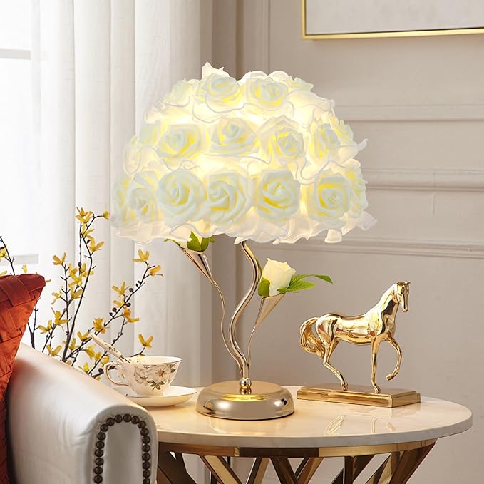 White Flower Lamp Beautiful Rose Bedside Lamp Romantic Bouquet Night Light Rose Flower Table Lamps for Princess Girl Wedding Birthday Christmas Valentine Bedroom Livingroom Office Deco - Bloomnest
