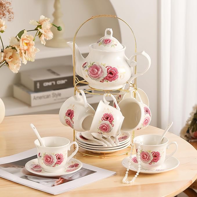 20-Pieces Porcelain Tea Sets For Women, Tea Set For Adult with Golden Metal Rack,Tea Gift Sets for Home&Party(014) - Bloomnest