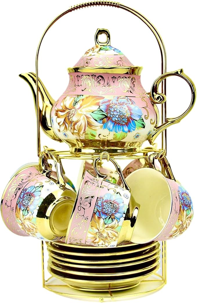 20 Pieces Porcelain Tea Set With Metal Holder, European Ceramic tea set for adults,Flower Tea Set,Tea Set For Women With Flower Painting (Large version, yellow) - Bloomnest