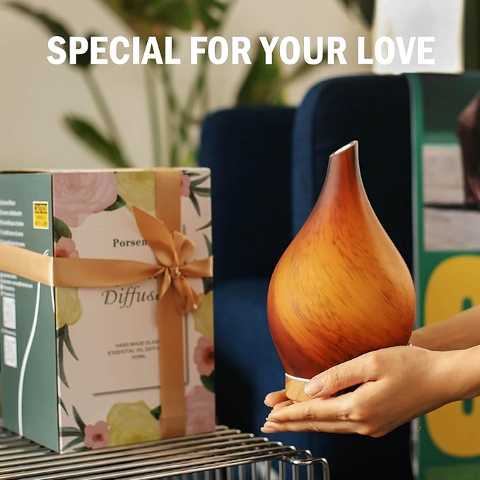 Porseme 150ml Essential Oil Diffuser Glass Color Changing Aroma Air Diffusers Aromatherapy Ultrasonic Cool Mist Humidifier 6 Running Hours Waterless Auto-Off for Sleeping Yoga Office Spa (Caramel) Porseme
